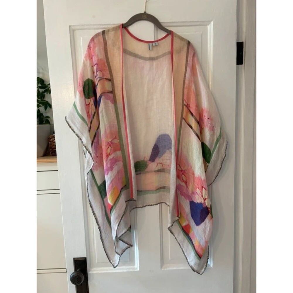 Gauzy 100% Linen Hand Painted-Style Kimono Shawl OS Floral Watercolor Light Pink - Picture 1 of 14